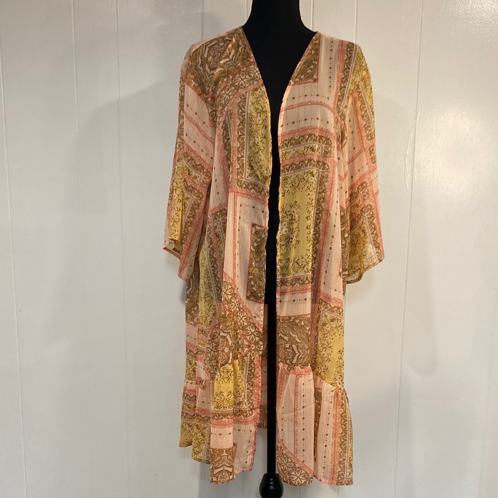 Kimono Swim Coverup Patchwork Sheer Metallic Boho Resort Beach Pool Pink Gold XL